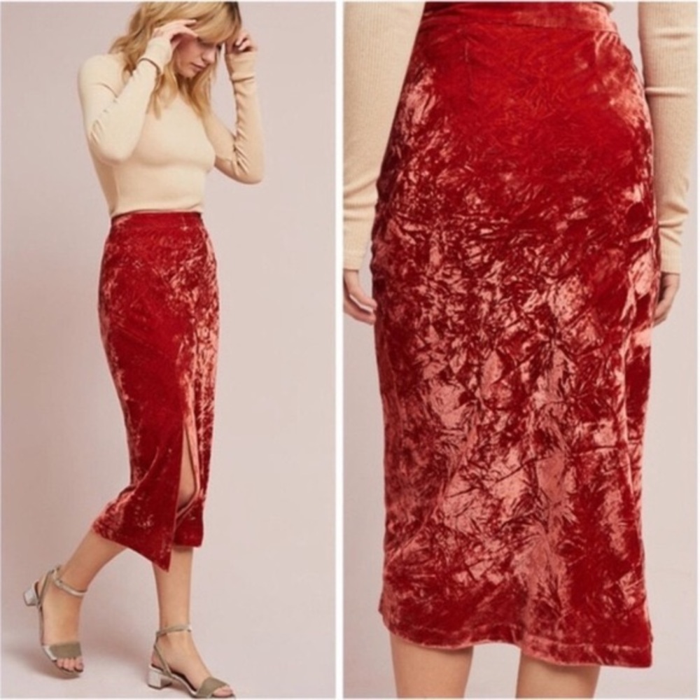 Anthropologie Maeve Crushed Velvet Rust Midi Skirt